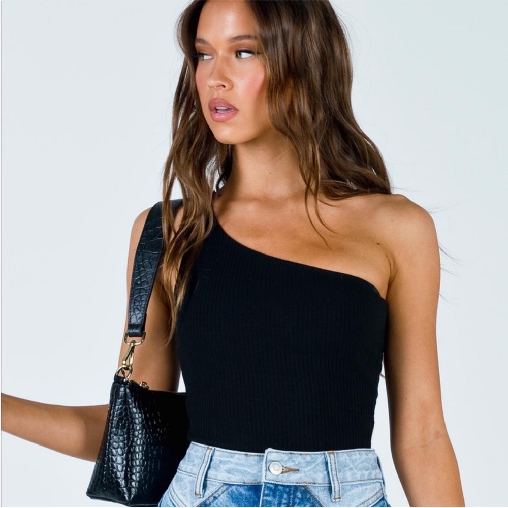 Princess Polly Rueful Black Ribbed One Shoulder Bodysuit, Size 4 Women's